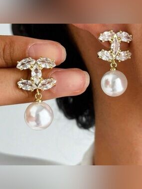 Macy's Gold Pearl Drop Crystal Logo Earrings